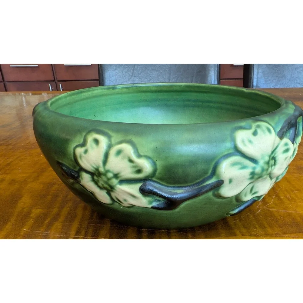 Roseville Pottery Dogwood Green Smooth 1920 Art Pottery Bowl - Picture 5 of 8